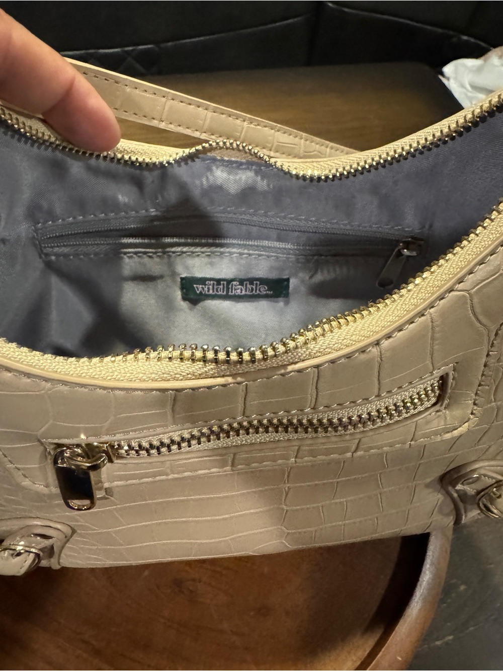 wild fable Beige Croc-Embossed Shoulder Bag with Gold Hardware